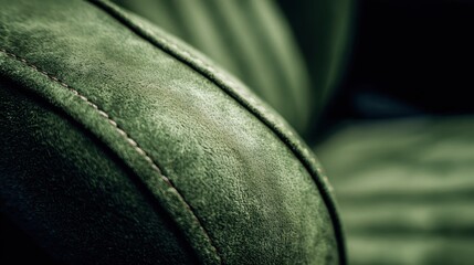 Green suede leather car seat showing close up detail of the fine texture and neat stitching, highlighting comfort, luxury interior design, and handcrafted quality