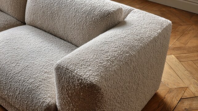 Modern boucle couch detail creating a cozy and inviting home atmosphere, featuring luxurious textured fabric and a soft aesthetic in a contemporary interior design setting