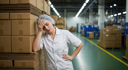 A female factory worker in uniform tiredly against stacked boxes in a busy industrial warehouse.