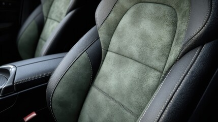 Modern car interior featuring a high quality seat with green suede and black leather accents, showing detailed stitching for comfort and luxury in automotive design