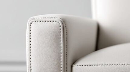 Close up of off white leather armrest with neat dark stitching highlighting smooth texture, clean seams and refined craftsmanship in modern sofa upholstery, elegant and durable