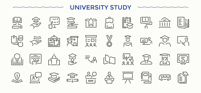 University icon set. Contains related to scholarship, graduation, academic institution, learning, diploma, higher education, school. Pixel perfect. Vector illustration. Academic linear icon set.
