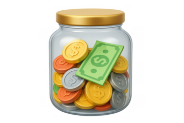 Glass jar filled with colorful coins and a dollar banknote symbolizing savings, investment, and financial growth concept