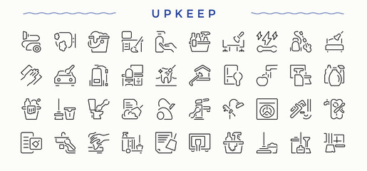 Upkeep icon set. Thin web icons. Contains related to house housekeeping, clean, wash, disinfect, cleaner. Editable vector stroke. Hygiene icon set.