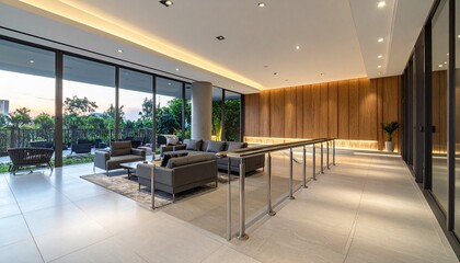 Modern Luxury Lobby with Large Windows and Wood Paneling.