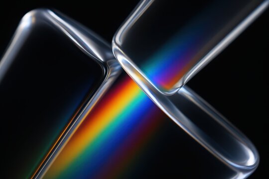 Intersecting Prism Glow. Two smooth glass edges refract white light into a vivid rainbow band, creating intersecting arcs of bright spectral color against a deep black background.