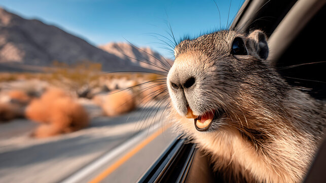 Capybara with head out of a car window, feeling the wind with a happy expression during a desert road trip