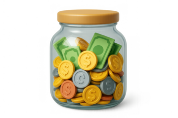 Glass jar filled with money, coins, banknotes. Concept of savings, finance, investment, and future wealth. Transparent background