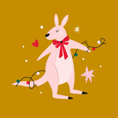 Adorable Christmas Kangaroo. Australian Animal Holiday Card Design, Vector Illustration