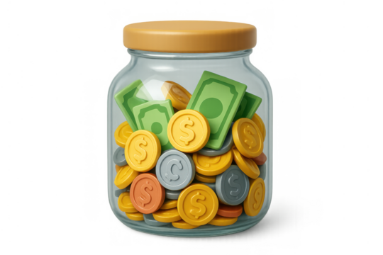 Glass jar filled with money, coins, banknotes. Concept of savings, finance, investment, and future wealth. Transparent background