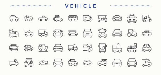 Vehicle icon set. Travel icon collection. Vector icons collection. Includes thin line symbols bus, motor, travel, automobile, car, transport, taxi and more. Editable stroke. Vector collection.