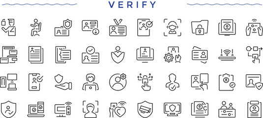 Verify line icon set. Check web icons pack. Minimalist icons collection. Mark icon set. Editable stroke. Vector illustration.