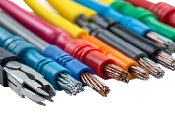 Close up of stripped electrical wires and pliers on a black background