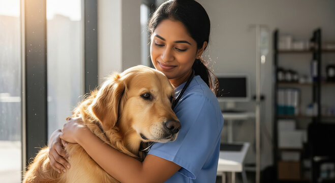 A female veterinarian in a blue coat is gently hugging a golden retriever dog in a clinic