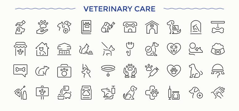 Veterinary Care line icon set. Contains such icons as pet vet, animal care, pet, animal, pharmacy, vaccine and more. Animal Care vector icon set. Thin outline icons pack.