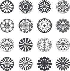 Set of 16 black and white circular mandala patterns, geometric abstract designs, decorative round vector elements for art and design