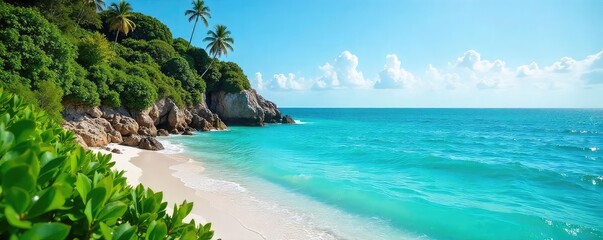 A serene coastal scene featuring various shades of teal, from the calm ocean to the sky and lush vegetation Perfect for travel, nature, or calming themes , travel, peaceful