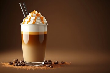 Caramel macchiato drink presenting layered coffee with whipped cream and sweet caramel sauce, surrounded by coffee beans