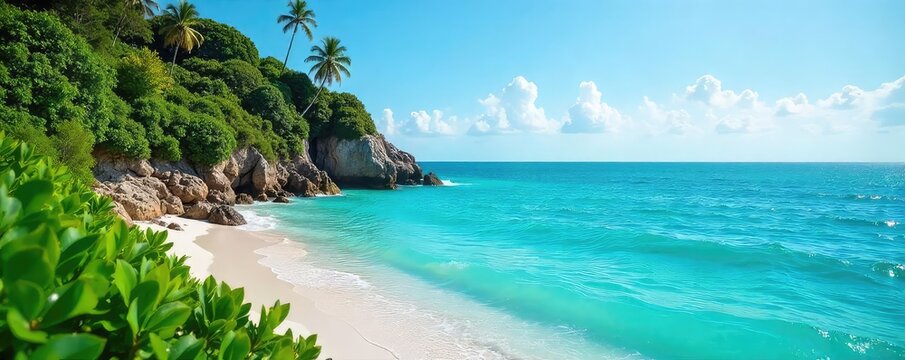 A serene coastal scene featuring various shades of teal, from the calm ocean to the sky and lush vegetation Perfect for travel, nature, or calming themes , travel, peaceful