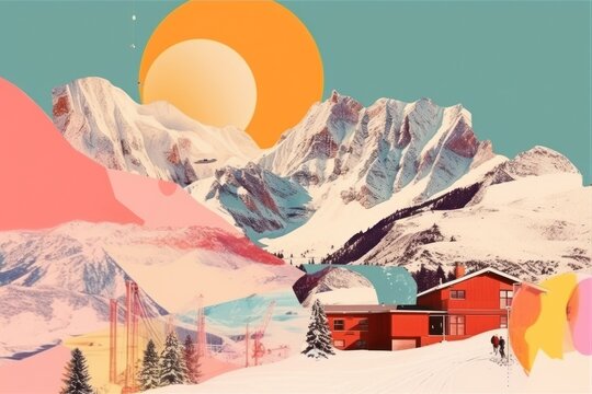 Collage Retro dreamy ski resort architecture landscape mountain.
