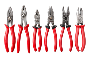 Collection of assorted pliers with red handles against a black background