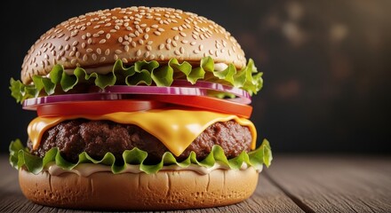 Juicy gourmet cheeseburger with fresh lettuce tomato onion and melted cheese on a sesame bun
