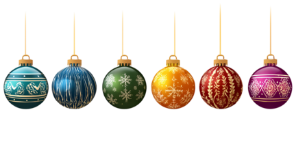 Six colorful vintage christmas ornaments hanging in a row against a black background