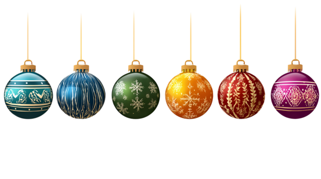 Six colorful vintage christmas ornaments hanging in a row against a black background