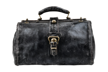 Vintage black leather doctor bag with brass clasp on black background