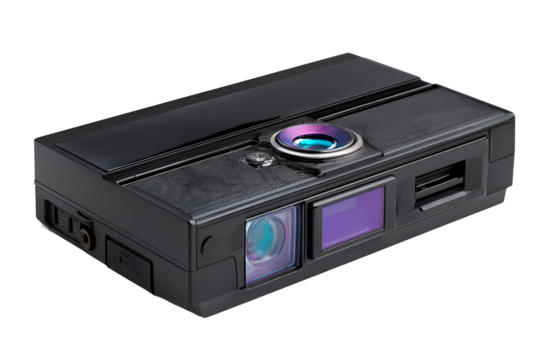 Compact black digital camera with lens and viewfinders on black background