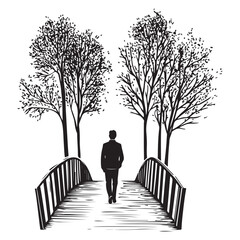 Silhouette of a man standing between two trees with a bench next to one tree