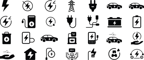 Set of 25 black and white electric energy icons featuring power, battery, plug, car, charging, and renewable energy symbols