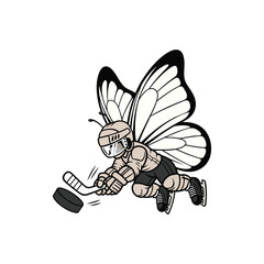 Butterfly wearing ice hockey uniform with hockey stick and ice hockey puck vector icon