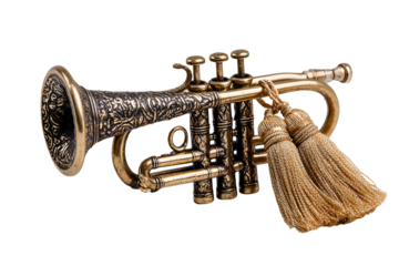 Ornate brass trumpet with decorative tassels on black background