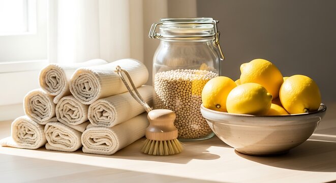 Natural home spa items including towels, lemons, and grains