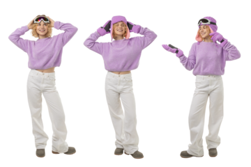 Set, Playful woman in purple ski gear and white pants, isolated, PNG