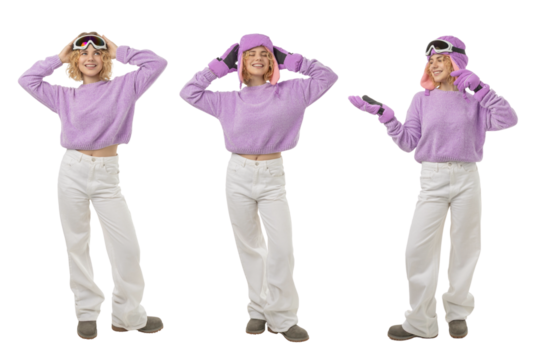 Set, Playful woman in purple ski gear and white pants, isolated, PNG