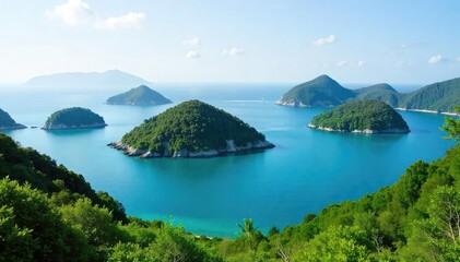 A tranquil scene of several small islands nestled together in a calm bay, offering serene views of a natural harbor with lush green vegetation , coast, destination