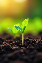 Fototapeta premium A vibrant close-up of freshly planted seedlings emerging from rich soil, sunlight illuminating new growth Perfect for spring gardening, agriculture, and nature themes , springtime, sustainable