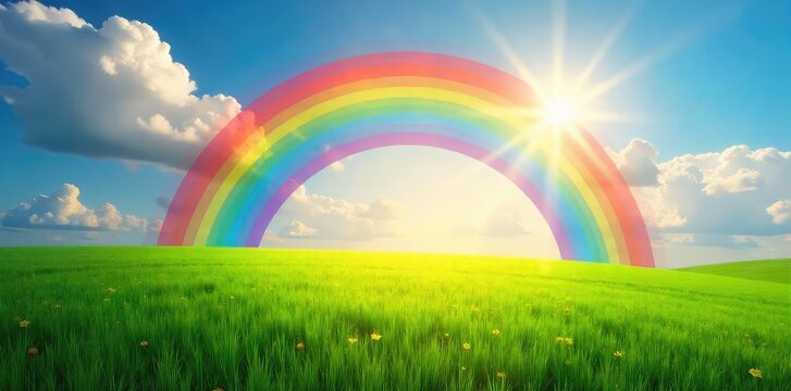 A vibrant rainbow arcing over a lush green field, sun shining, conveying universal joy and contentment  Perfect for themes of inclusivity, well-being, and optimism ,  joy,  positive