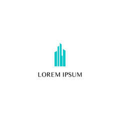 Elegant Cityscape Logo Design Featuring Minimalist Buildings in Teal