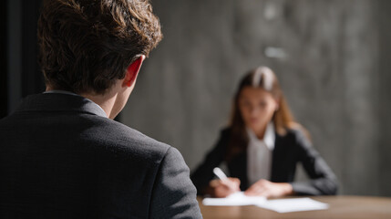An interview in progress, with the back of a man facing the viewer and a woman taking notes