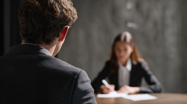 An interview in progress, with the back of a man facing the viewer and a woman taking notes