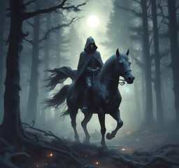 Fototapeta premium Pale witch cloaked in tattered hood riding a black horse through foggy night