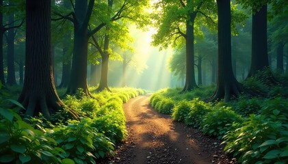 A winding path through a lush forest, sunlight dappling the leaves, leading towards a distant, unseen destination The journey symbolizes growth, adventure, and the unknown , way, peaceful