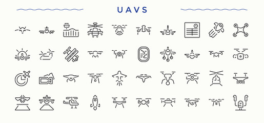 Uavs line icon set. Fly icon set. Isolated icons. Contains such symbols as aviation, helicopter, drone, transport, flight and more. Editable stroke vector art.