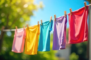 Brightly colored clothing hangs drying on a clothesline, swaying gently in a sunny breeze Perfect for themes of laundry, summer, spring, home, nature, and relaxation , bright, garden