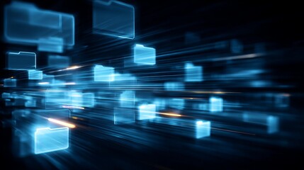 An abstract background with glowing digital folder icons floating in motion, symbolizing data transfer and cloud storage technology.