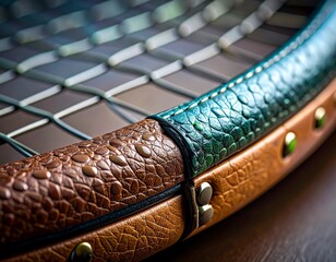 Vintage tennis racket frame with elegant faux leather texture and metallic studs close up