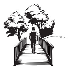 Silhouette of a man standing between two trees with a bench next to one tree